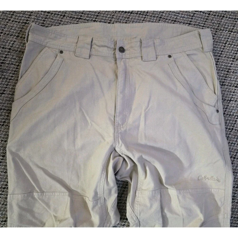 Cabelas Hiking Pants Mens 40X30 Spell Out Logo Cargo Beige Lycra T400 Work Camp